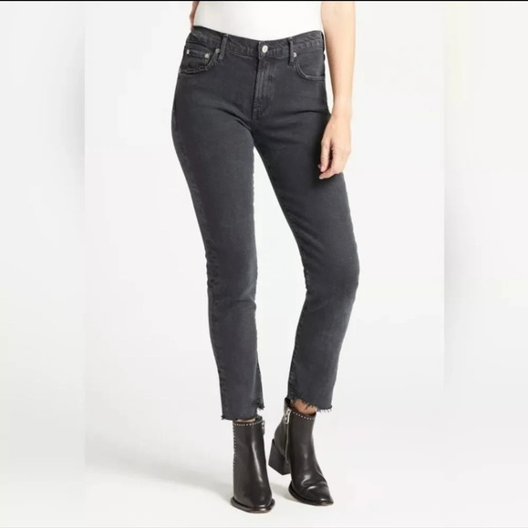 Agolde Toni Mid Rise Raw Hem Straight Leg Black Jean Size 25 Distressed Ankle‎ - Picture 1 of 11